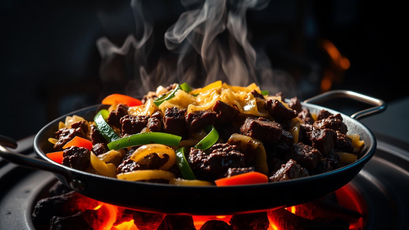 Alambre with steak, peppers and melted cheese