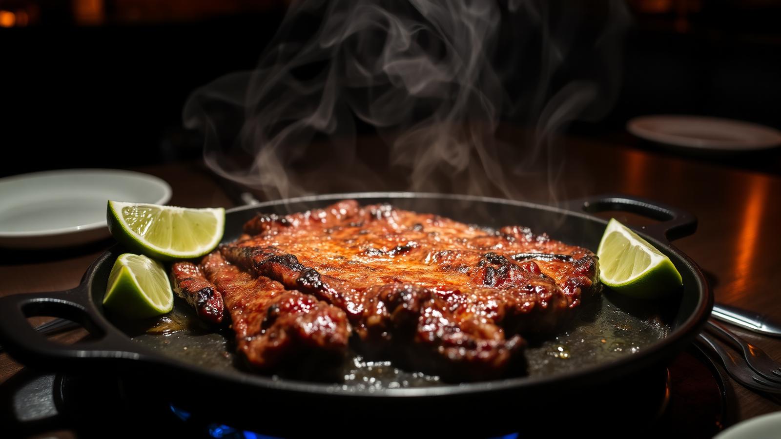 Arrachera skirt steak sizzling on cast iron