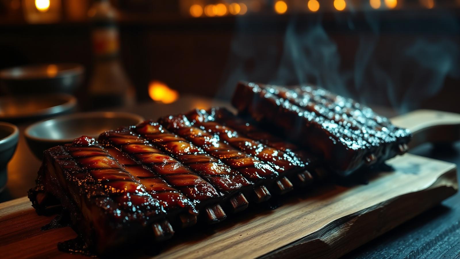 Glazed costillas on a wooden board
