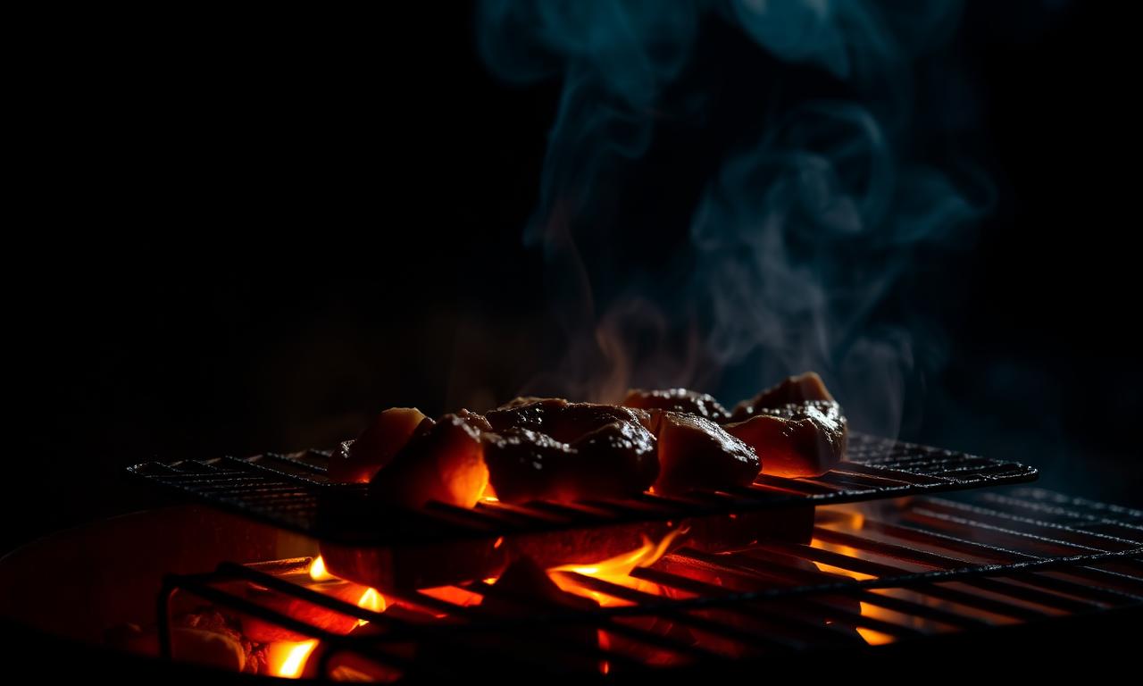 Glowing charcoal grill with meat